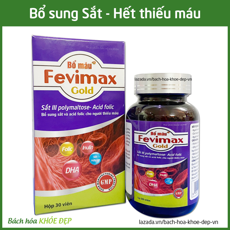 Viên uống Bổ máu Fevimax Gold bổ sung Sắt, Acid Folic cho người thiếu máu não, phụ nữ mang thai và cho con bú - Chai 30 viên dùng 30 ngày