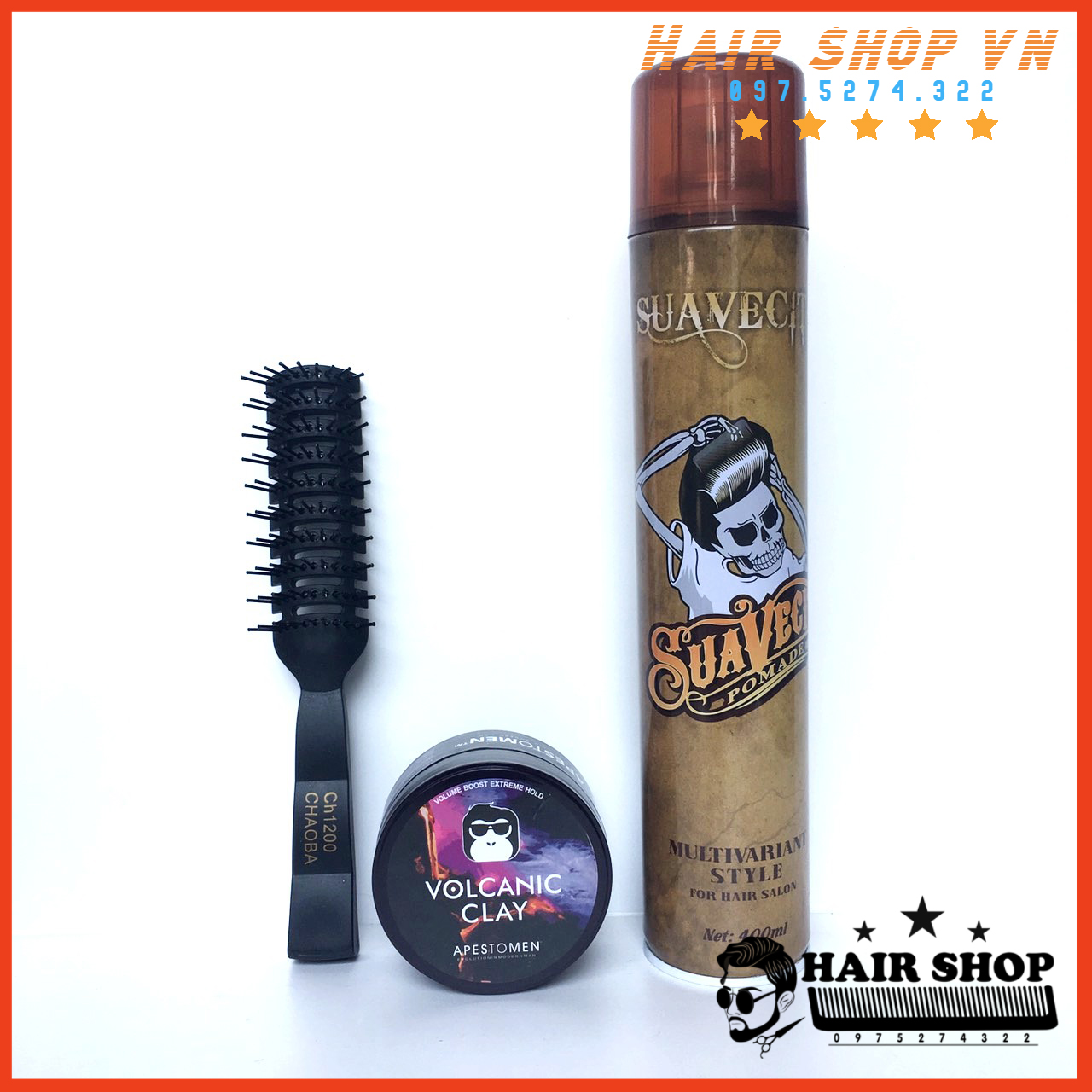 COMBO GôM XỊT TÓC GIỮ NẾP TÓC CỨNG SUAVECITO + SÁP VUỐT TÓC VOLCANIC CLAY ( ĐEN) + lược