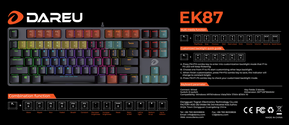 Bàn phím cơ Gaming DAREU EK87 - Black (MULTI-LED, Blue/ Brown/ Red D switch)