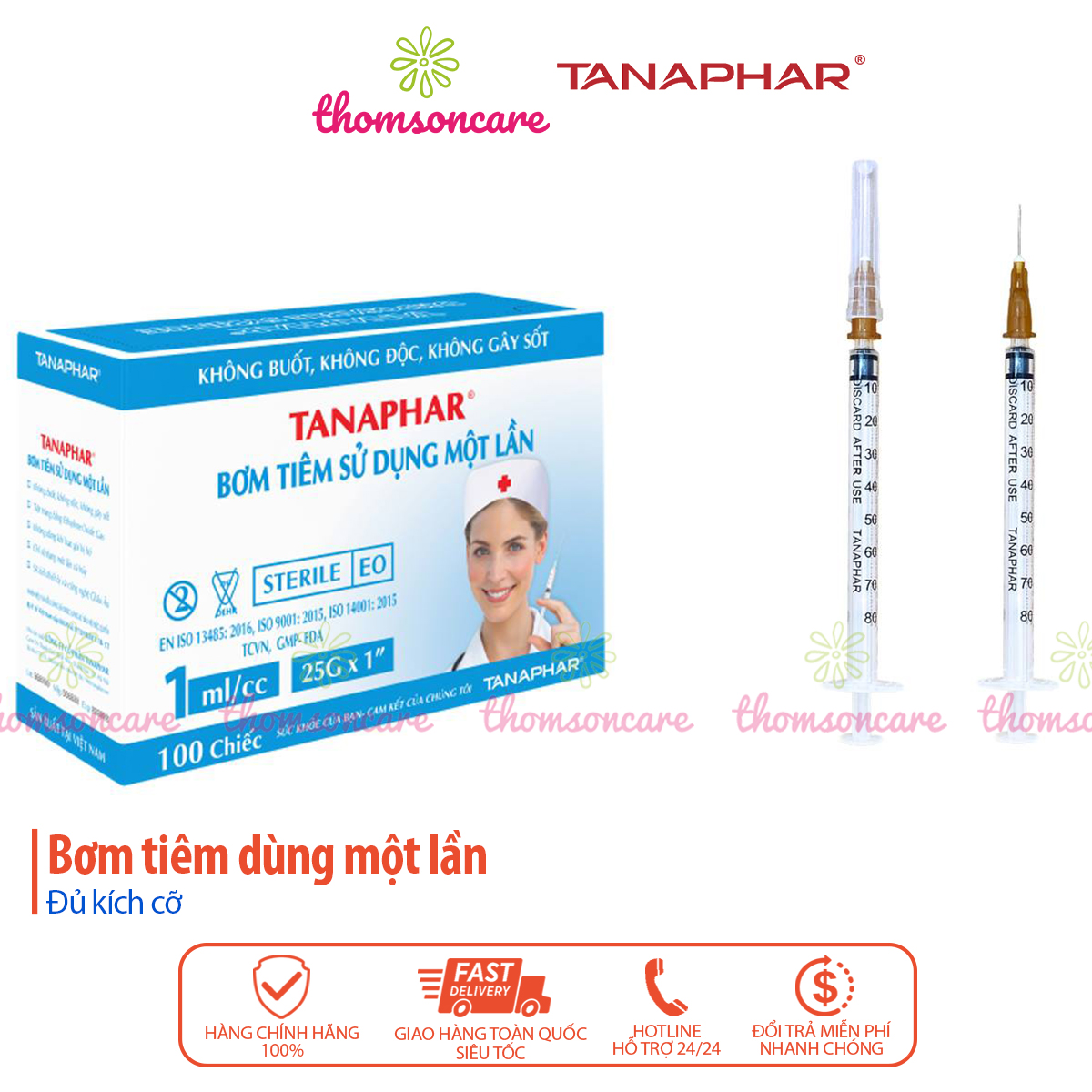 Hộp 100 chiêc Bơm kim tiêm y tế 1ml - ống chích vô trùng, xilanh sử dụng một lần xi lanh Tanaphar . .