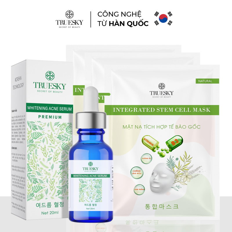 Bộ sản phẩm giảm mụn và phục hồi da mặt Truesky M01 gồm 1 serum giảm mụn tràm trà 20ml & 3 miếng mặt nạ dưỡng trắng da mặt