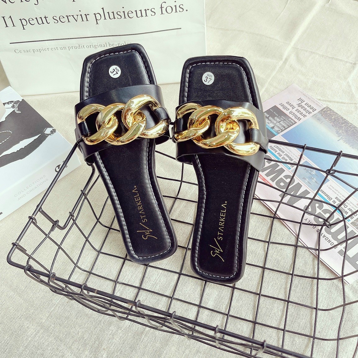 Dép nữ đế bệt quai ngang phối xích nhiều màu xinh xắn đi học đi chơi đi dạo phố mã DQX