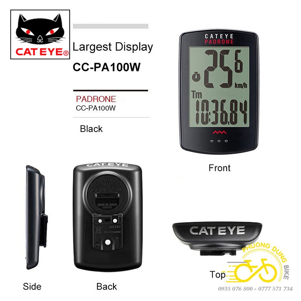 Đồng Hồ Tốc Độ Xe Đạp CATEYE Padrone CC-PA100W – Không Dây, Màn Hình To, Dễ Nhìn, Chính Hãng (Japan)