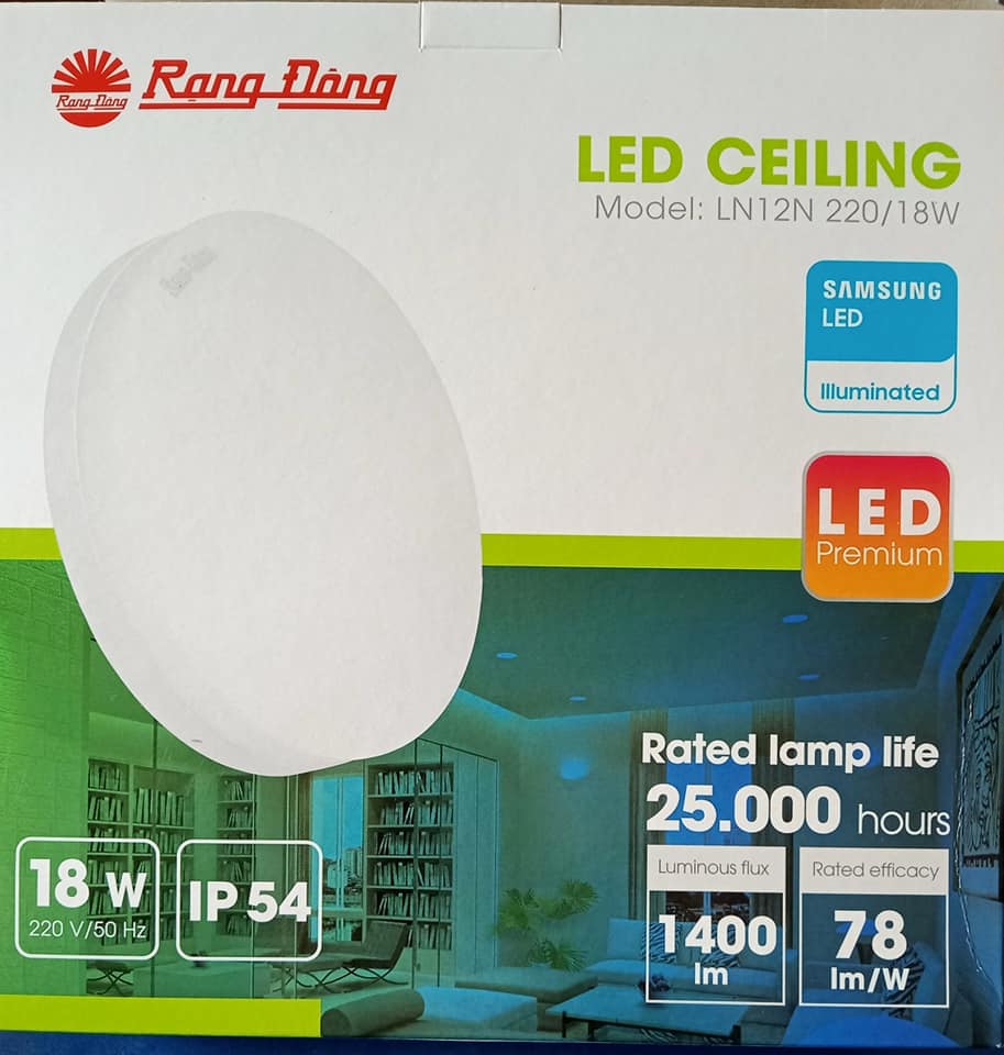 Đèn led ốp trần rạng đông đế nhựa - ốp tràn viền 18w tròn d ln12n 220/18w trắng,, rđ