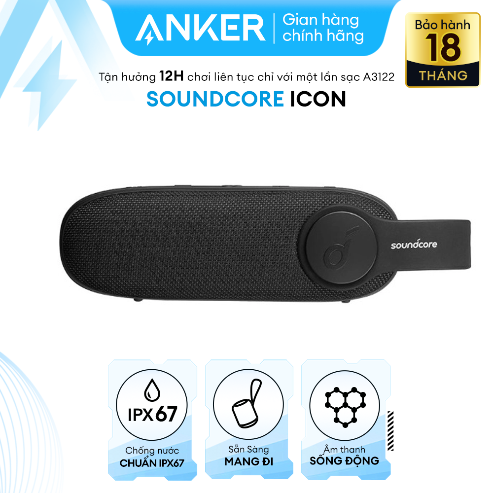 Soundcore Icon by Anker, Bluetooth Speaker, Waterproof Portable Speaker for Adventures in The City and The Wilderness, IP67 Water Resistance, 12-Hour Playtime, Built-in Mic