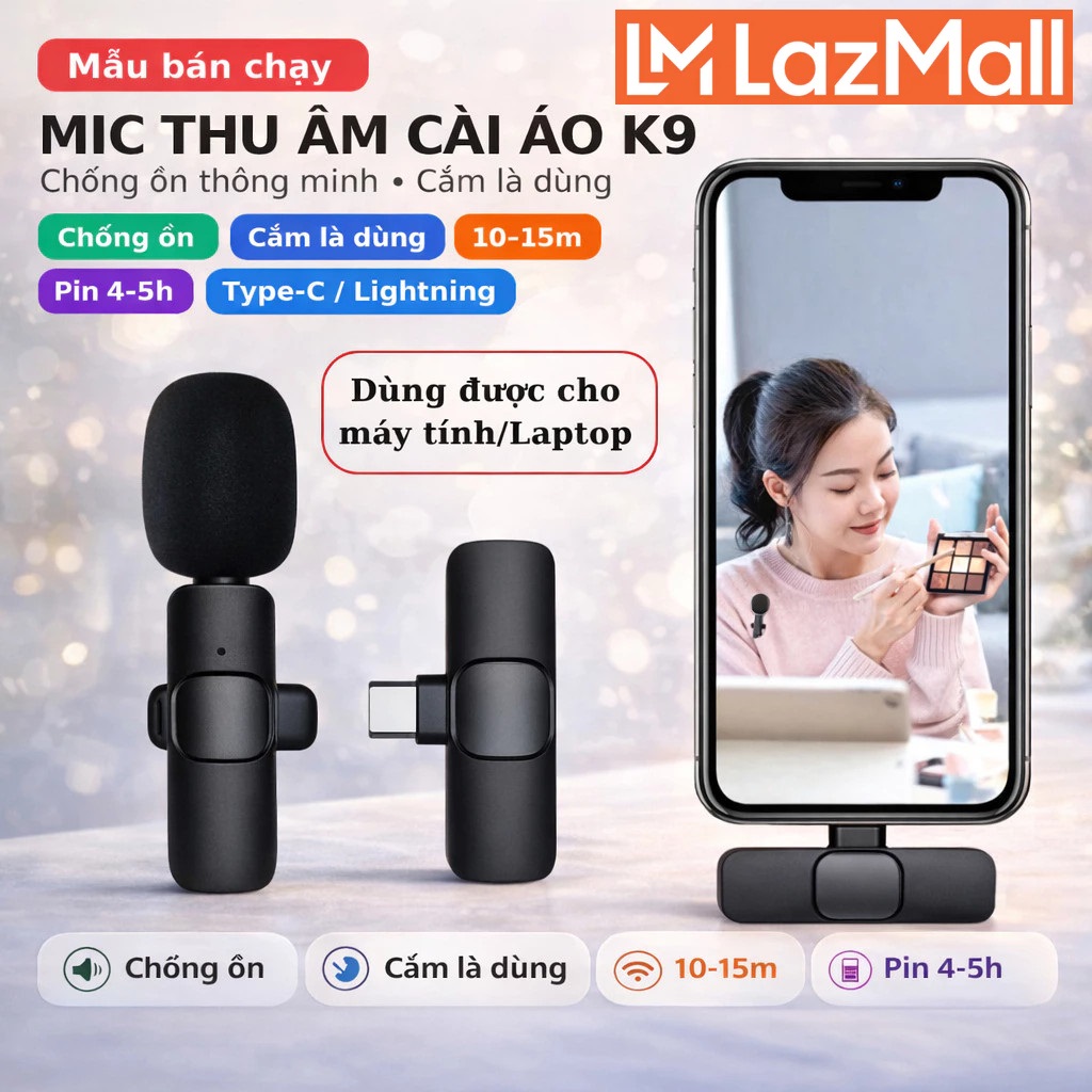 MIC [DEAL SHOCK] LazMall Bộ Micro Thu Âm Không Dây 1 Mic Khử Tiếng Ồn Để Livestream Ghi Âm Quay Video Cổng i.Phone và Type C 360° Thu Âm Toàn Hướng – Bắt Trọn Từng Chi Tiết Âm Thanh.
