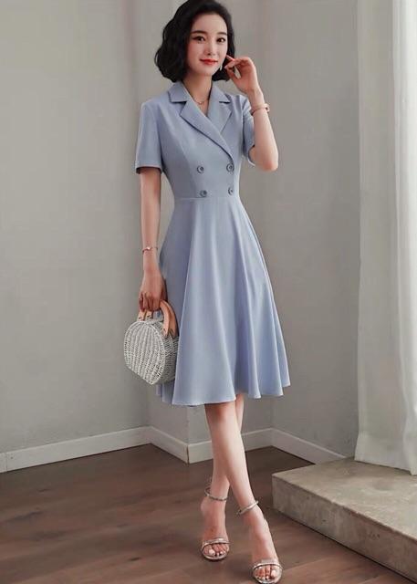 Đầm xanh đậm 4 nút (kèm hình thật)