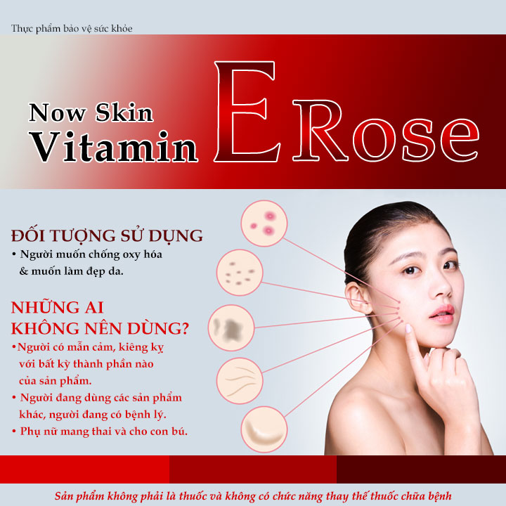 Viên uống trẻ hóa làm đẹp da Now Skin Vitamin E Rose 1000IU hỗ trợ ngăn ngừa lão hóa giảm sạm nám tàn nhang nếp nhăn vết chân chim. Hộp 30 viên