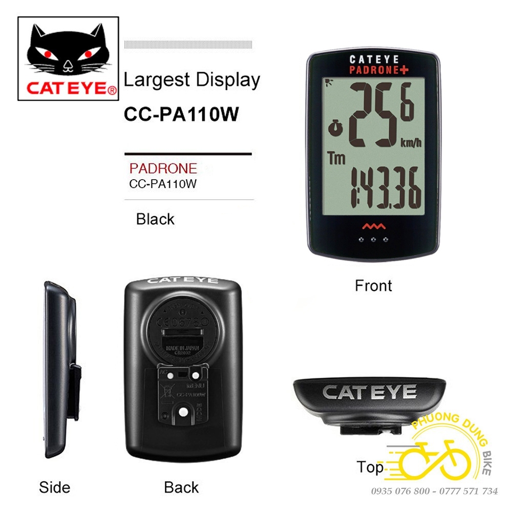 Đồng hồ đo tốc độ xe đạp không dây CATEYE Padrone+ CC PA110W (Japan - Có Đèn Nền)