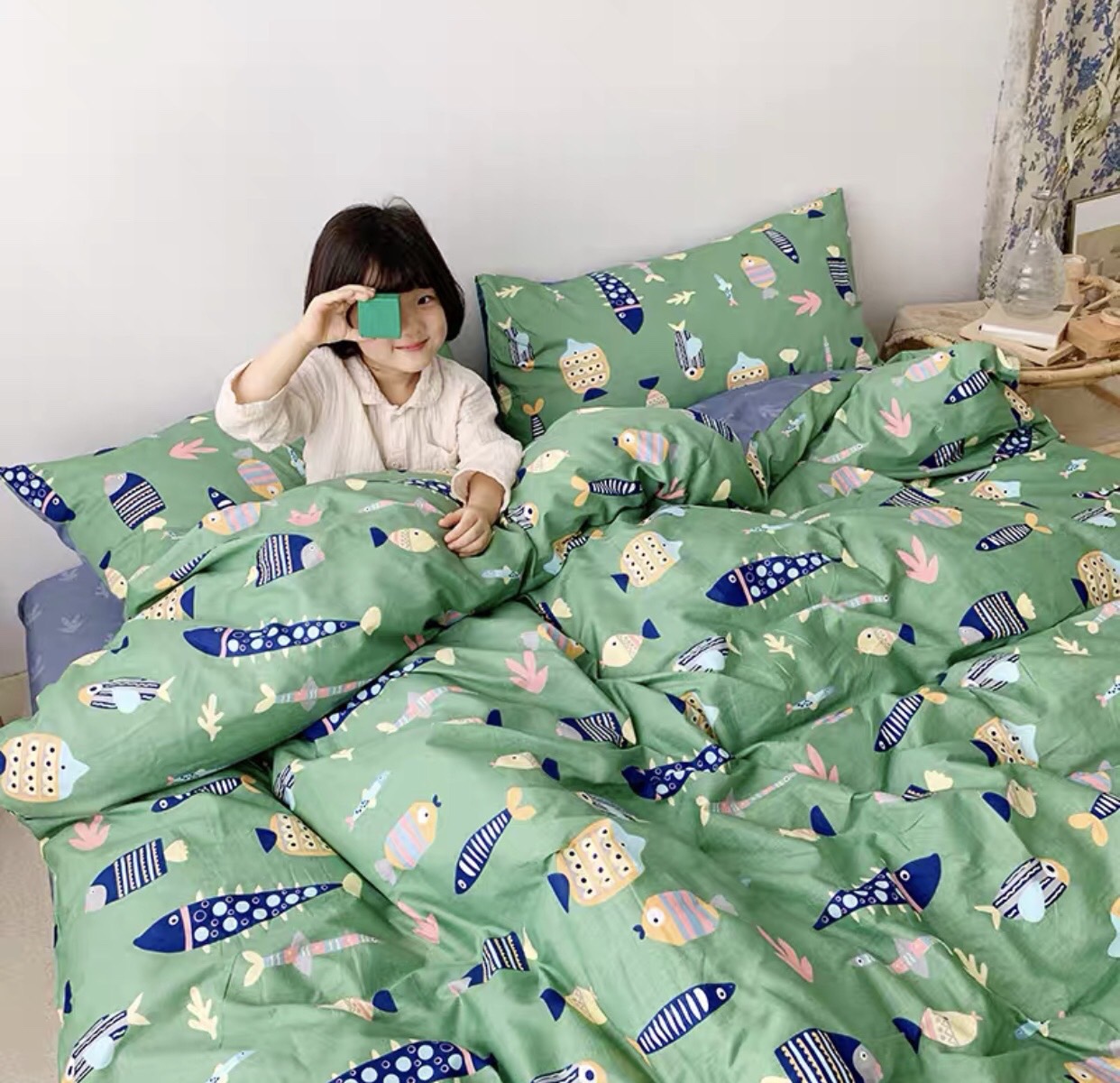 Trọn Bộ 4 Món Chăn Ga Gối Cotton Poly Nhập Mẫu ĐÀN CÁ