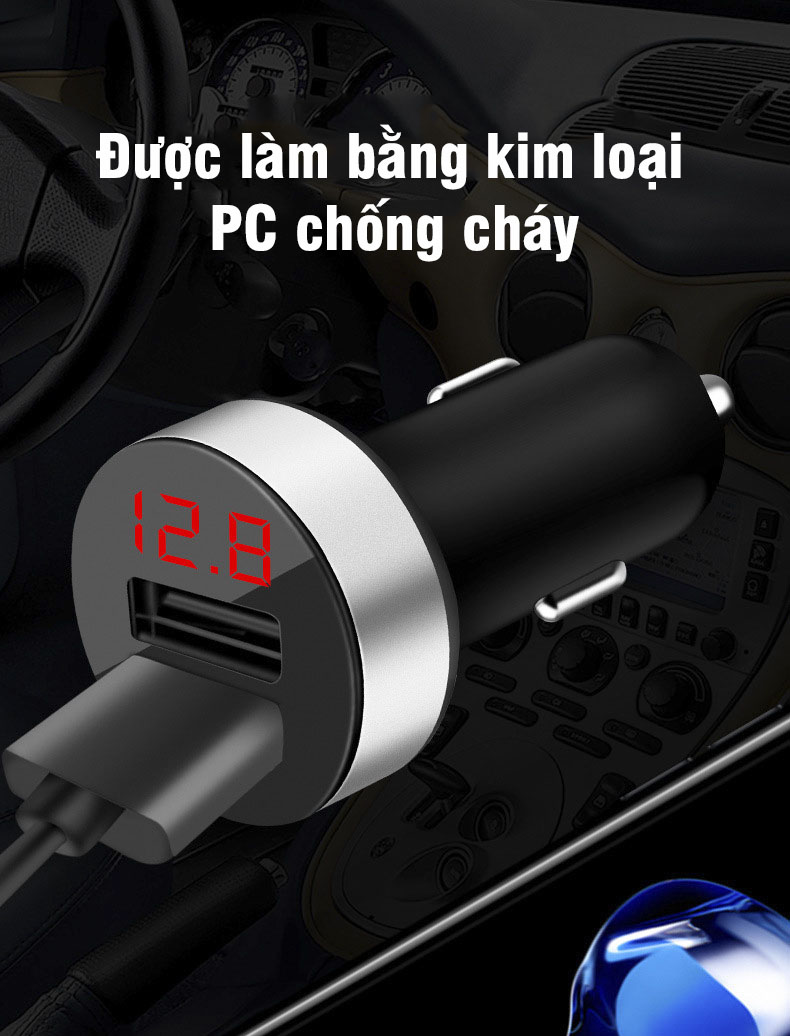 Tẩu sạc ô tô siêu nhanh 2 cổng USB có đèn LED báo điện áp ắc quy