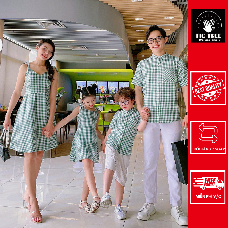 Set gia đình FIGTREE caro xanh rêu mẫu mới 2021 kèm video cận cảnh