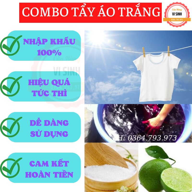 Tẩy mốc Quần áo, Tẩy trắng Quần áo ( Combo tẩy tím + bột chanh )