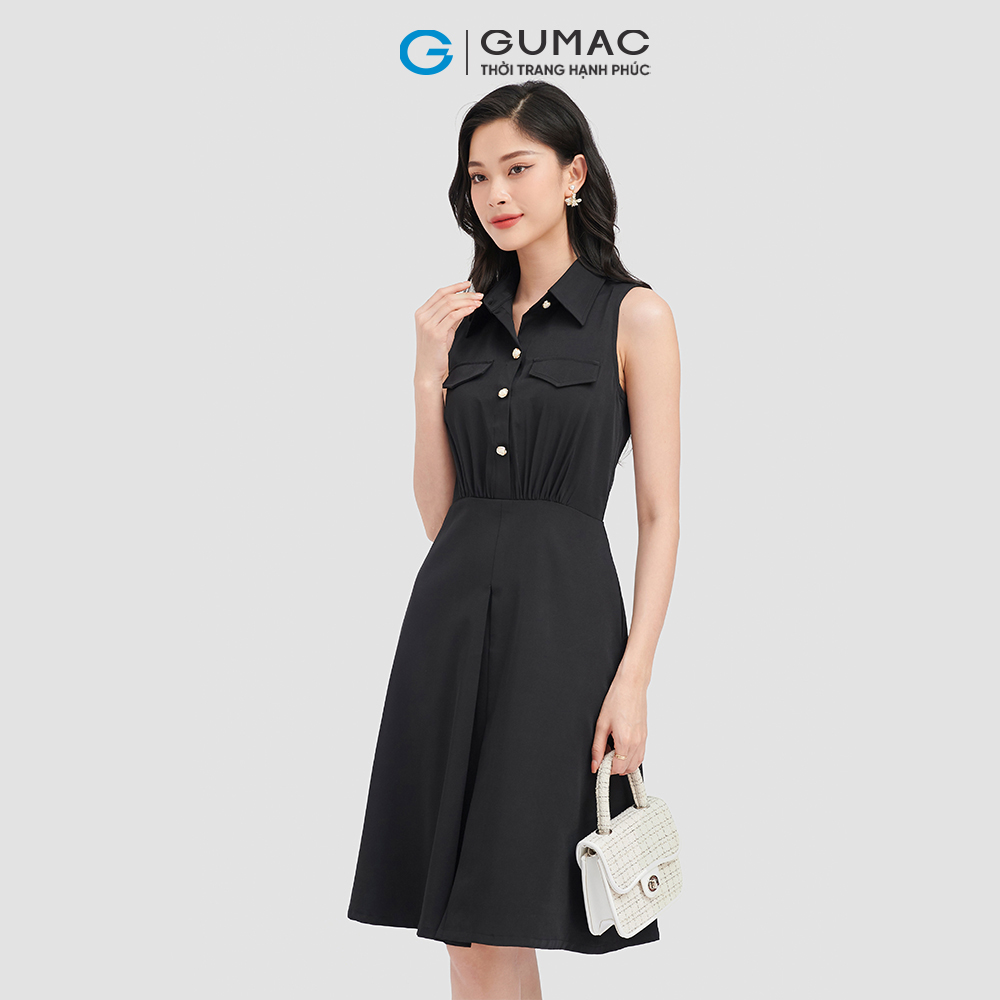 Đầm sơ mi GUMAC, đầm không tay 2 nắp túi DC08097