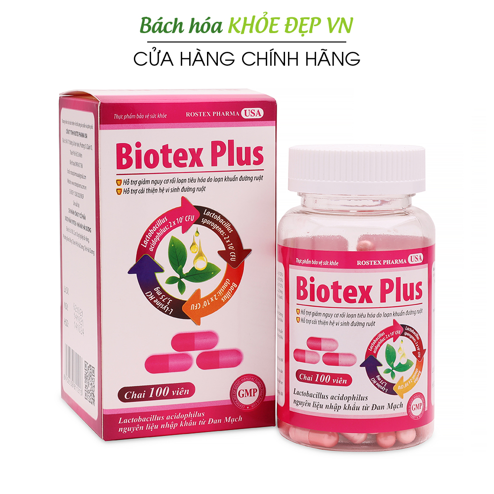 Viên uống Biotex Plus giảm rối loạn tiêu hóa, giảm tiêu chảy, táo bón, đầy bụng, khó tiêu - Hộp 100 viên