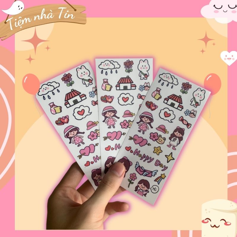 Sticker dán cute, bé gái dễ thương, happy day