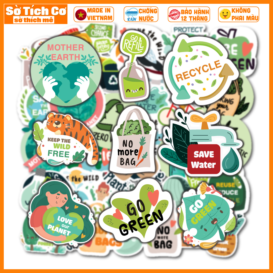 Bộ 50 Sticker Save the Earth dán điện thoại laptop nón bảo hiểm guitar vali MSP: T04