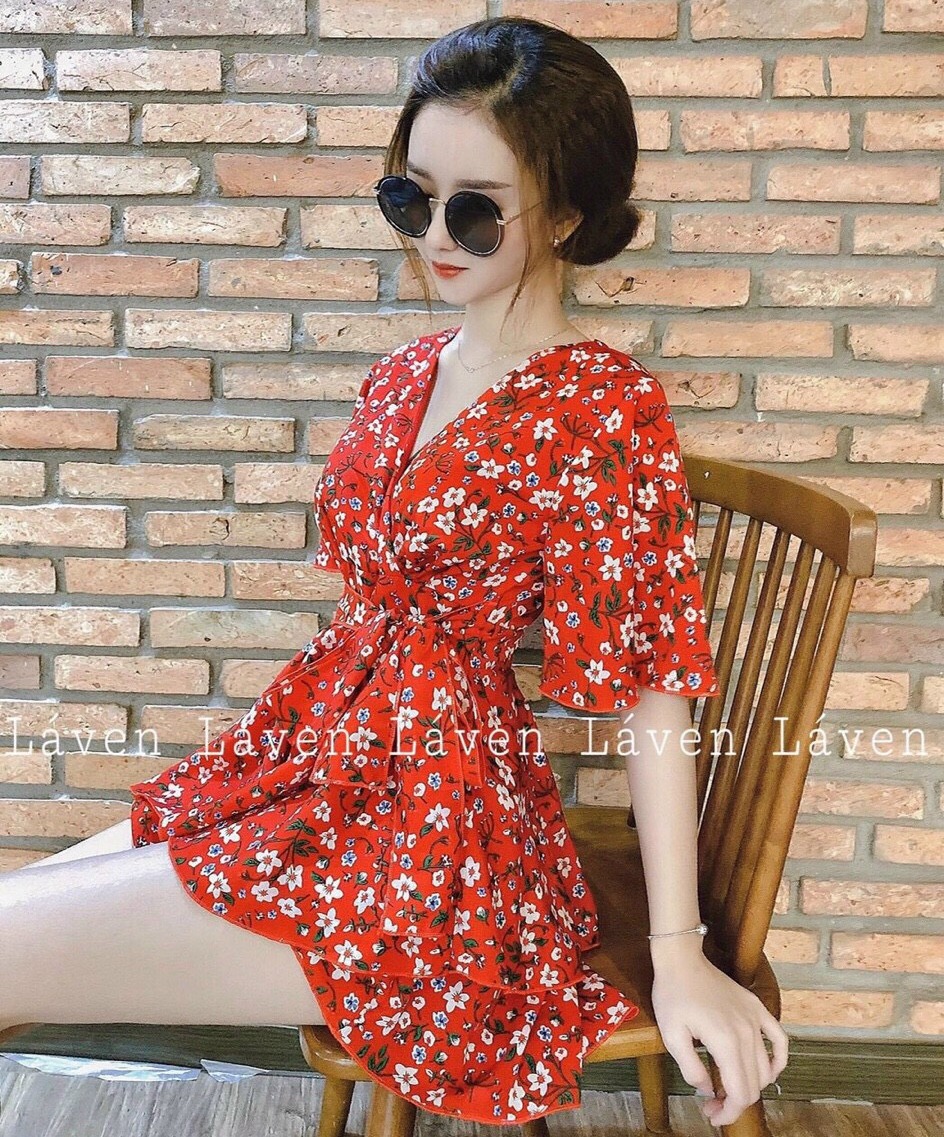 Đầm Lụa hoa Cổ V Cột Nơ Eo Belle Fashion