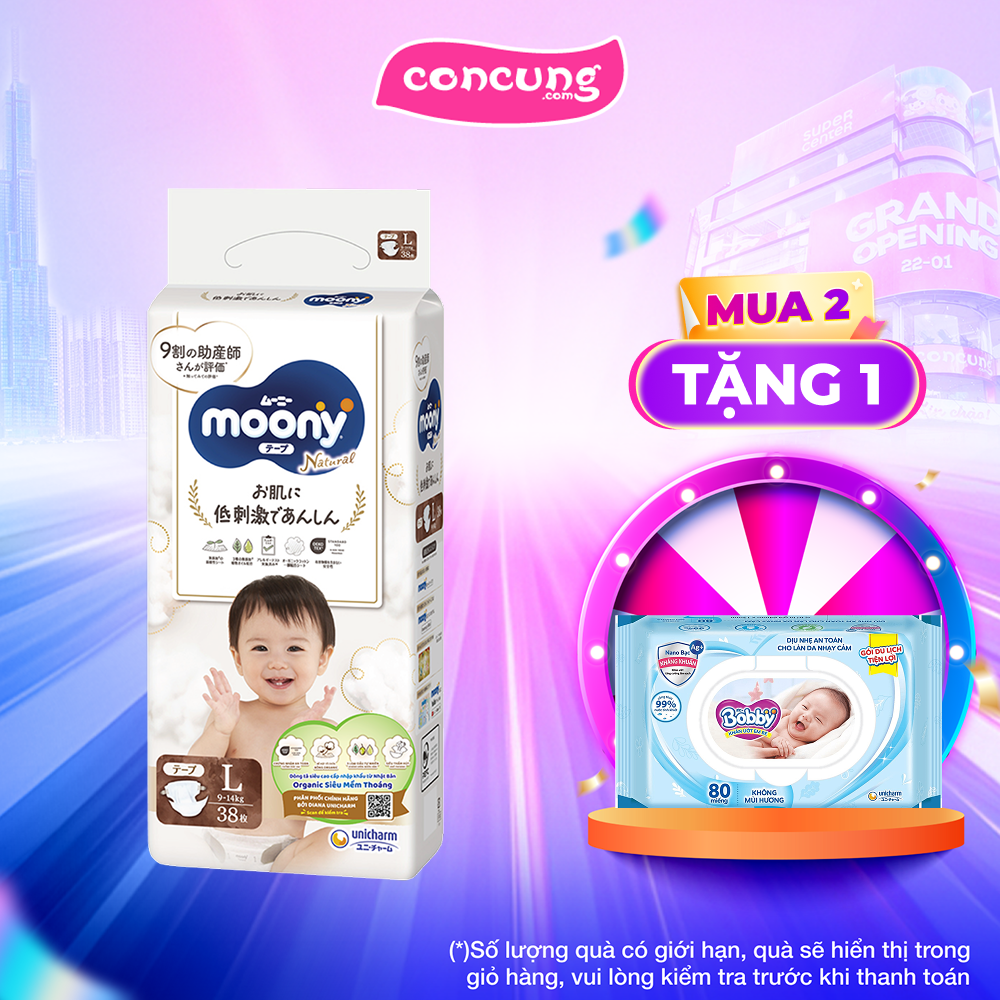 Tã dán Moony Natural (L, 38 miếng)