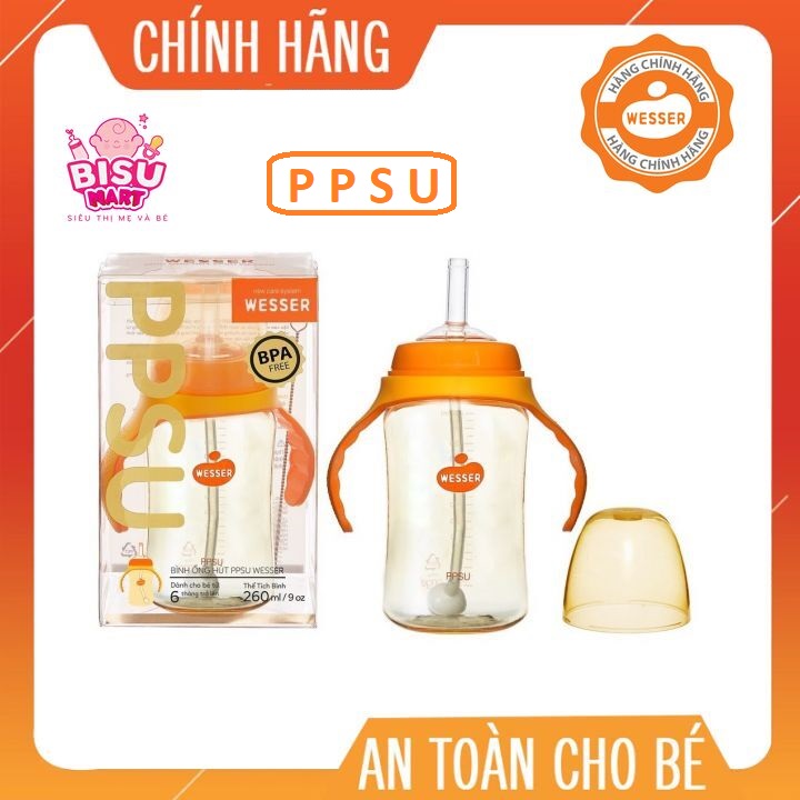 Bình hút nước cổ rộng cho bé, Bình ống hút Wesser PPSU 260ml