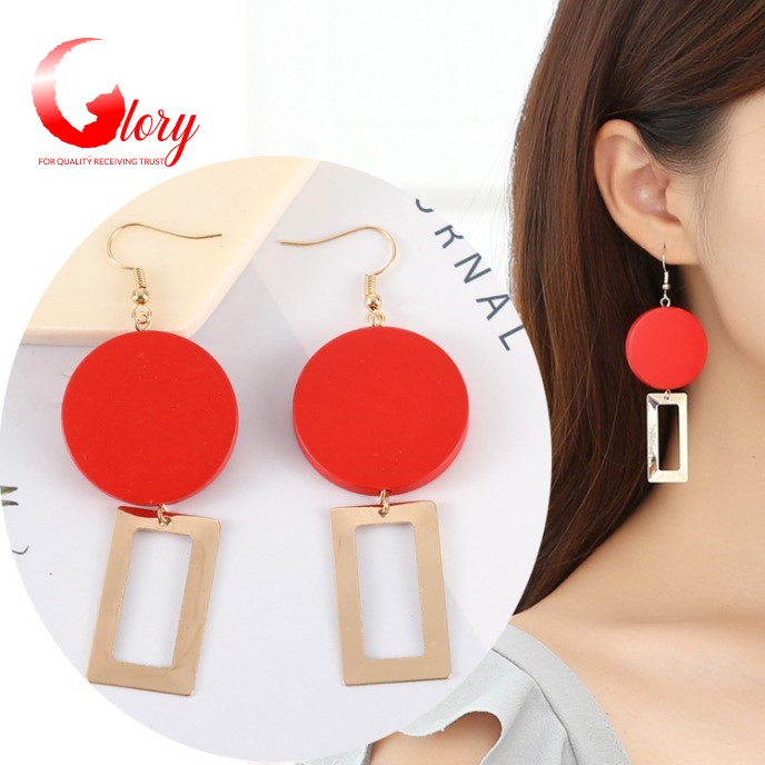 [HCM]Bông tai nữ cá tính hàn quốc siêu dễ thương hình vòng tròn gỗ đỏ đính hình chữ nhật xinh xắn-Khuyên tai dài lấp lánh trang sức nữ cho phái đẹp 8G519008