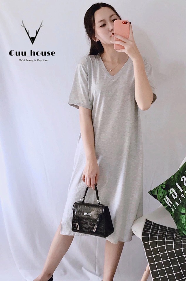 Đầm suông trơn cổ tim basic form rộng chất vải mềm mịn dưới 65kg