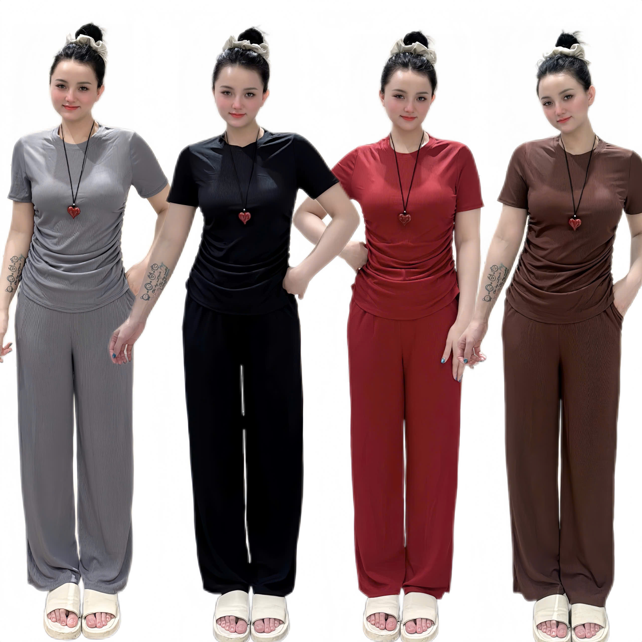 bộ đồ dài thun gân, 2 bên áo nhún eo cổ tròn mặc nhà. Kín đáo, phù hợp mọi độ tuổi TK704