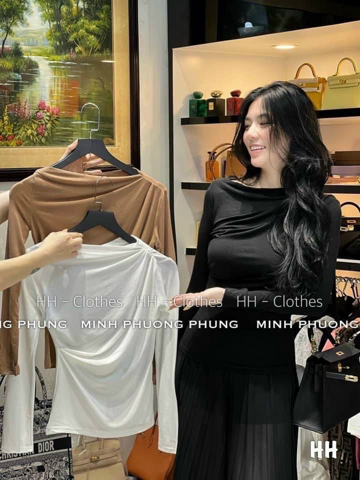 Áo thun lệch vai lụa tay dài rất sang , áo thun lệch vai nhúng lệch vai sang chảnh, áo body lệch vai - áo thun nữ dài tay vạt chéo vải bozip cao cấp