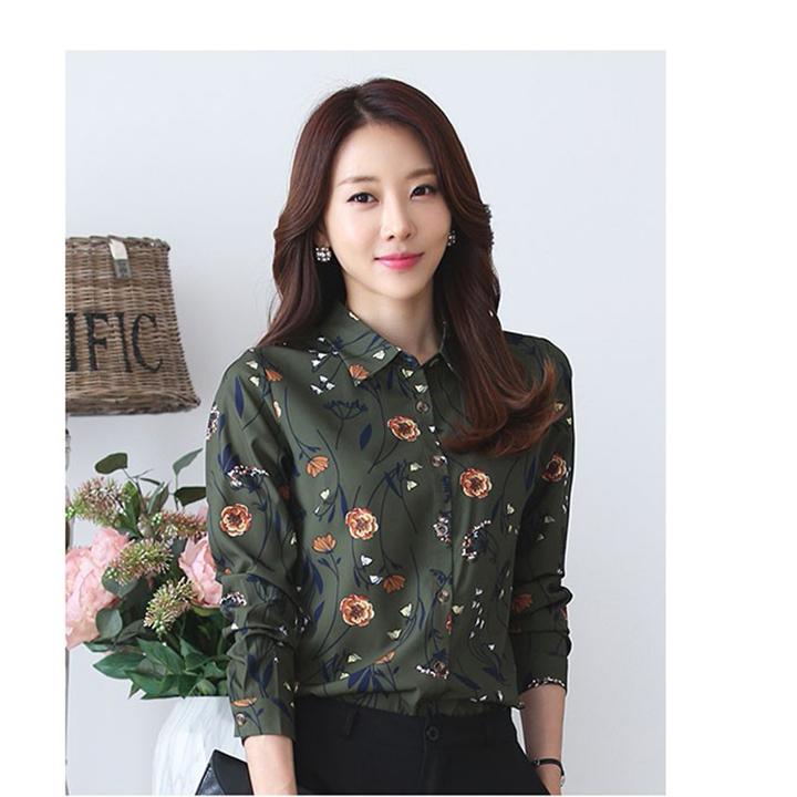 [HCM]Áo Sơ Mi Nữ Dài Tay Họa Tiết Thanh Lịch