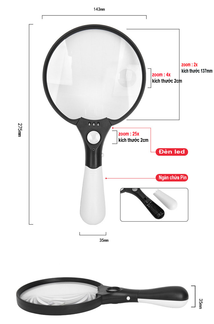 Kính lúp cầm tay loại đại magnification TH-607B , zoom 2x 4x 25x , Lens 137mm, có 3 đèn Led