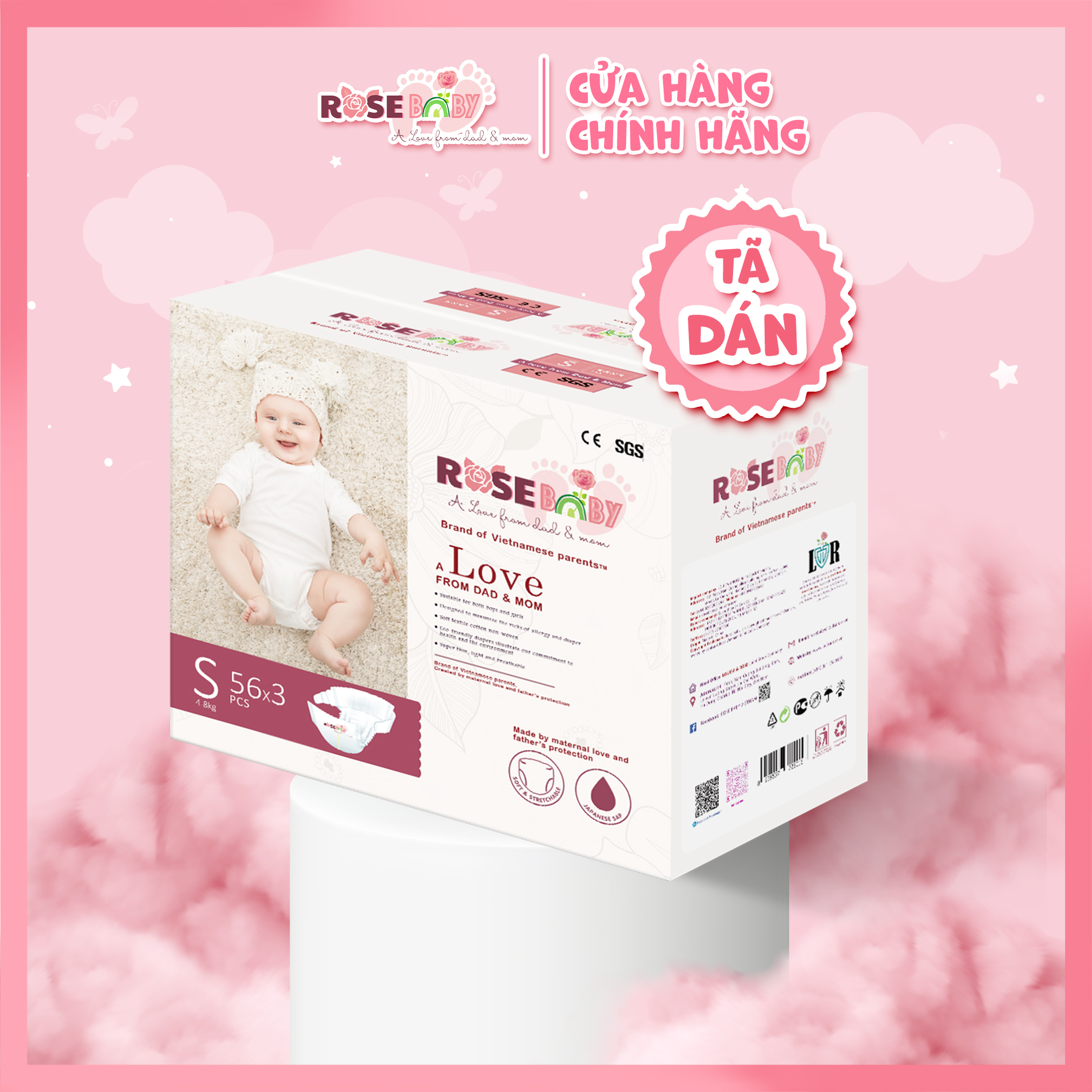 Thùng Tã Dán ROSE BABY size NB/ S/ M/ L