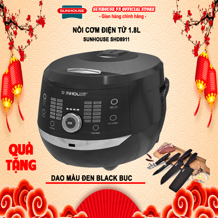 Nồi cơm điện tử Sunhouse SHD8911 dung tích 1.8L + tặng dao làm bếp màu đen