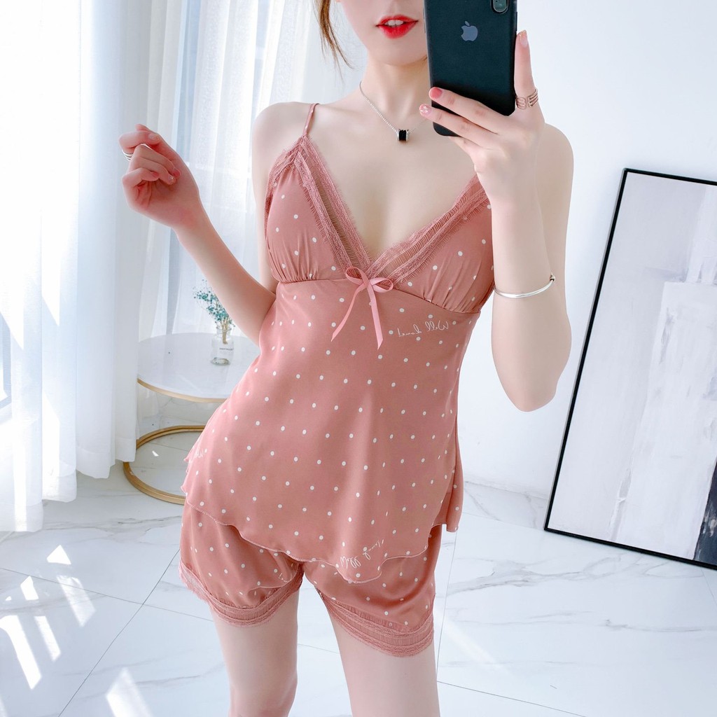 [Hàng Cao Cấp] Bộ Đồ Ngủ Hai Dây Lụa Phối Ren Mút Mỏng Chấm Bi Sexy Tôn Da DN04