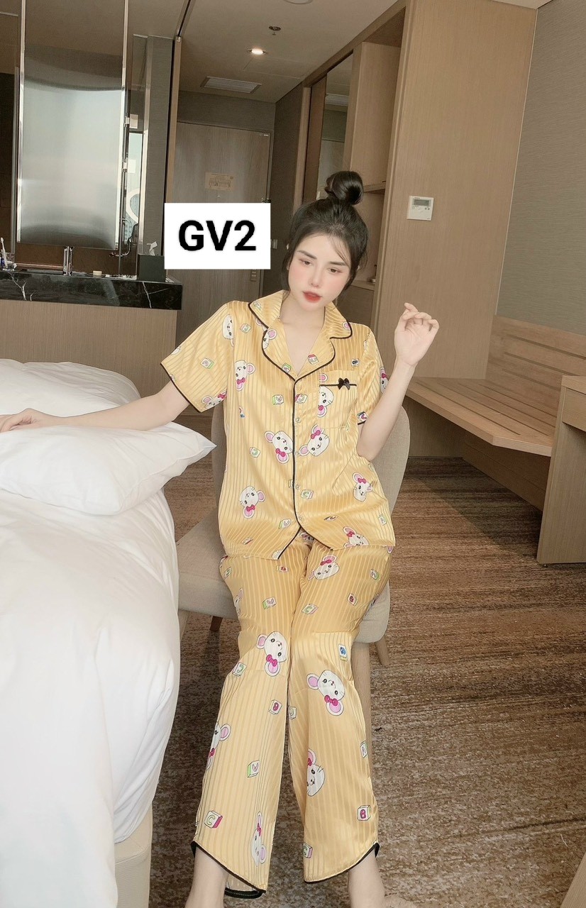 Đồ bộ nữ pijama lụa gấm tay ngắn quần dài có túi (40-60kg)