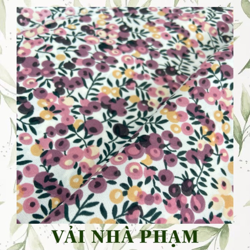 Vải lụa mango hoa nhí tím nền trắng - khổ vải 1.5m - vải nhà phạm
