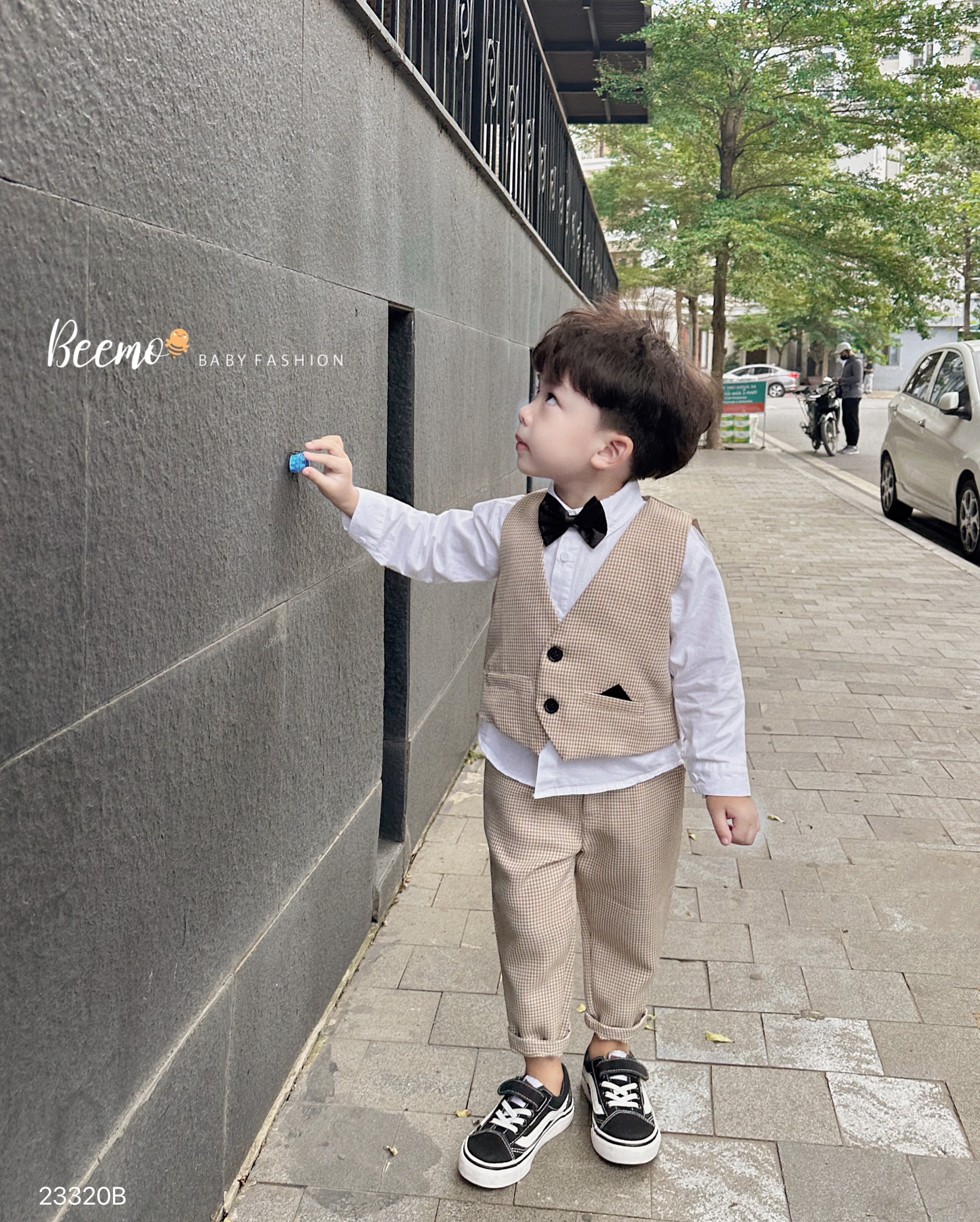 Bộ vest gile công tử kèm nơ, set bộ sơ mi kèm gile vest 4 chi tiết cho bé trai Beemo