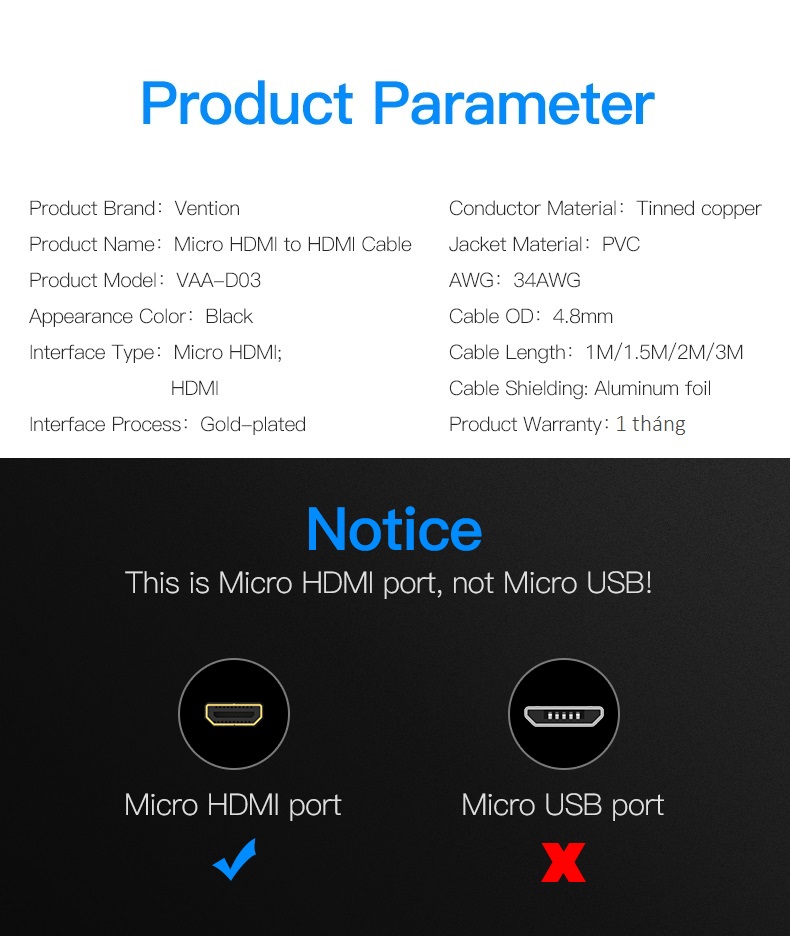 [Micro HDMI ra HDMI] Cáp micro HDMI Vention VAA-D03 / AITB0