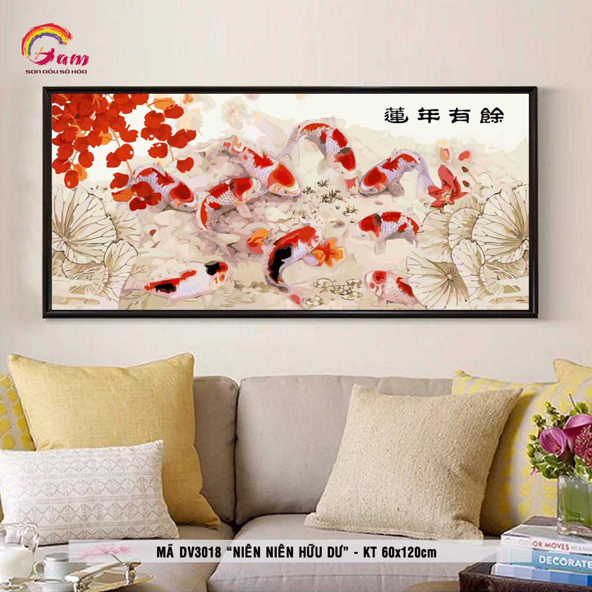 Tranh sơn dầu số hoá tự tô màu cửu ngư quần hội - Tranh khổ lớn mã DV3018 Niên niên hữu dư ( không khung)