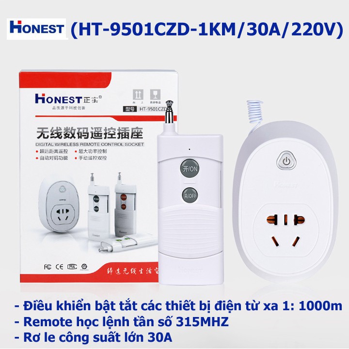 Bộ ổ cắm điều khiển từ xa 1km honest ht-9501/30a/220v bộ điều khiển từ xa