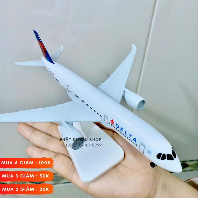 Mô hình máy bay tĩnh Airbus A380 Delta Airline ( 20cm + Đế chưng bày + Bánh xe ) Hợp kim sáng - Bộ sưu tập