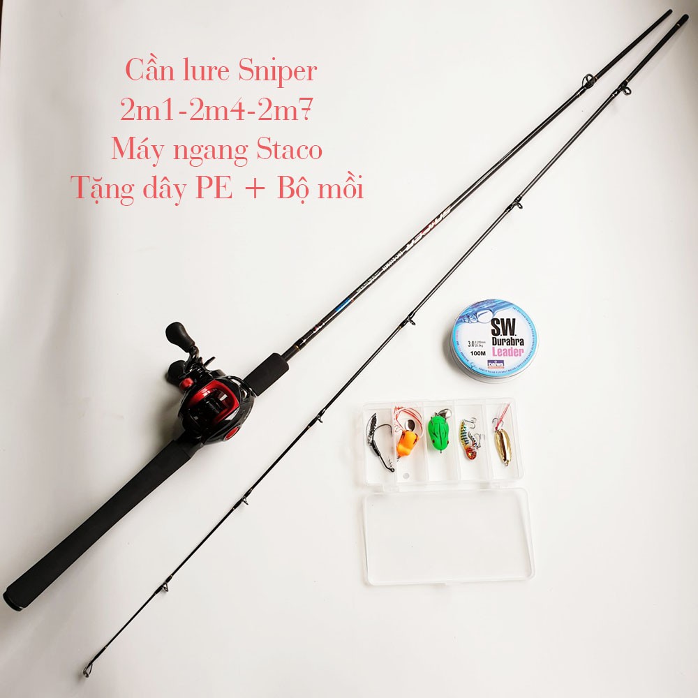 Bộ cần câu lure máy ngang Sniper máy ngang Staco tặng kèm bộ mồi câu (xả hàng giảm giá và cam kết bảo hành đ
