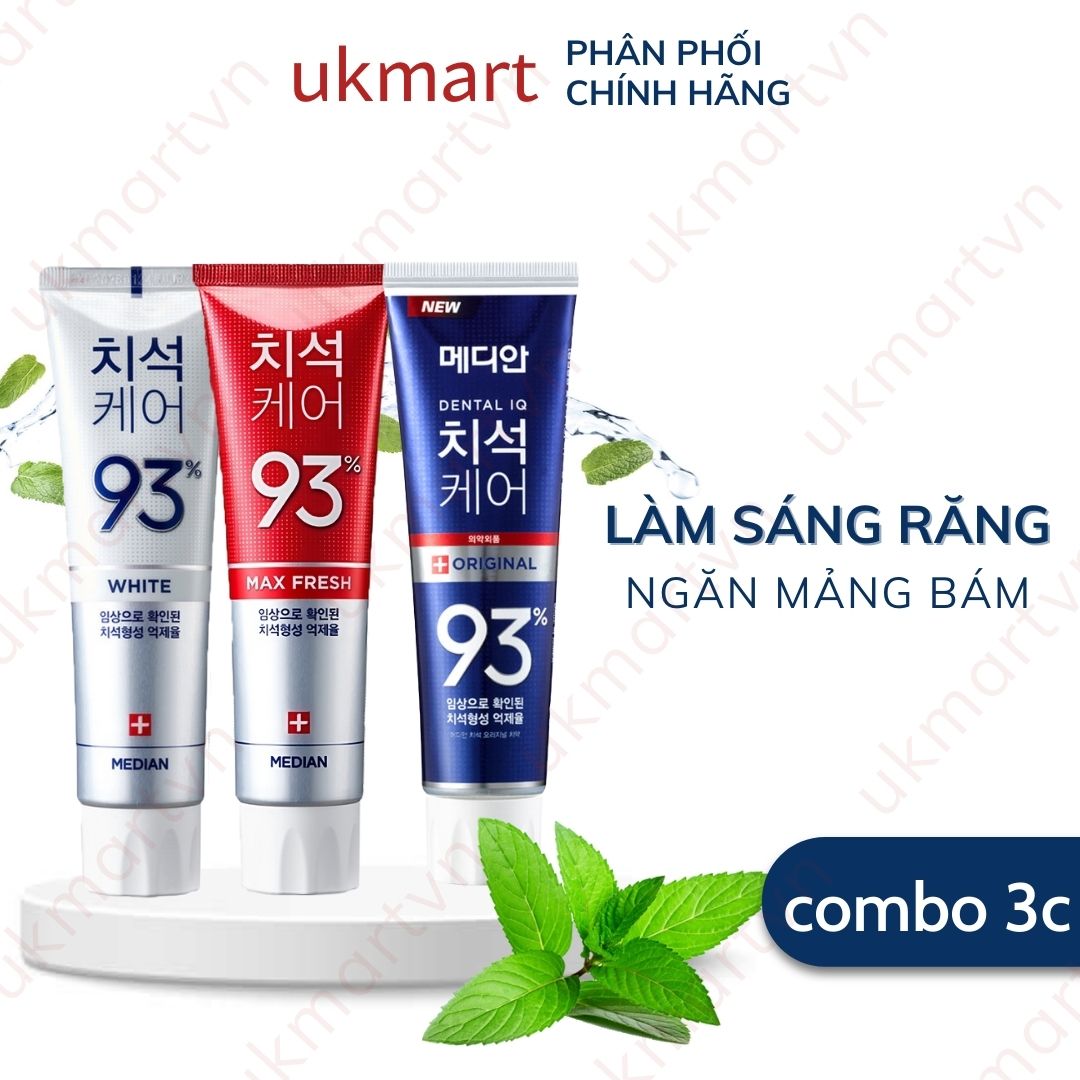 Combo 3 tuýp kem đánh răng median dental iq 93% hàn quốc, làm trắng răng, thơm miệng, chống sâu răng