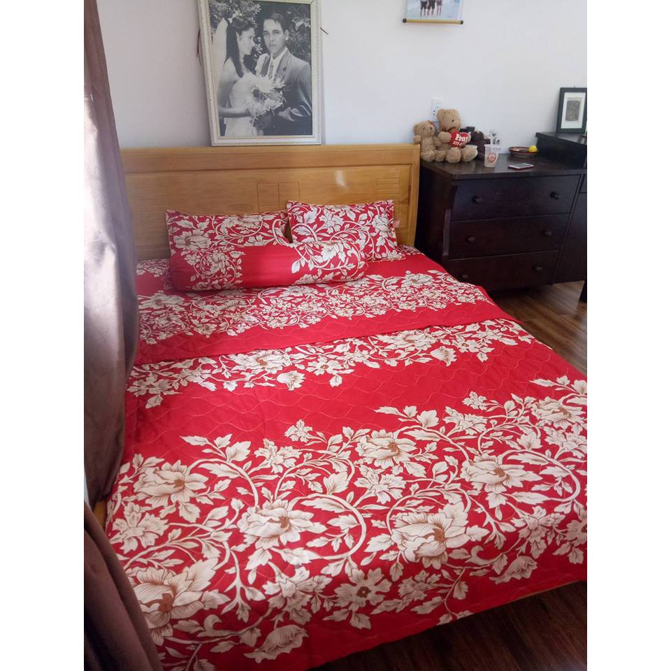 BỘ CHĂN GA COTTON POLY 5 MÓN HOA DÂY ĐỎ 1m6 x 2m - ( 1 Drap + 2 Áo Gối + 1 Áo Gối Ôm + 1 Chăn)