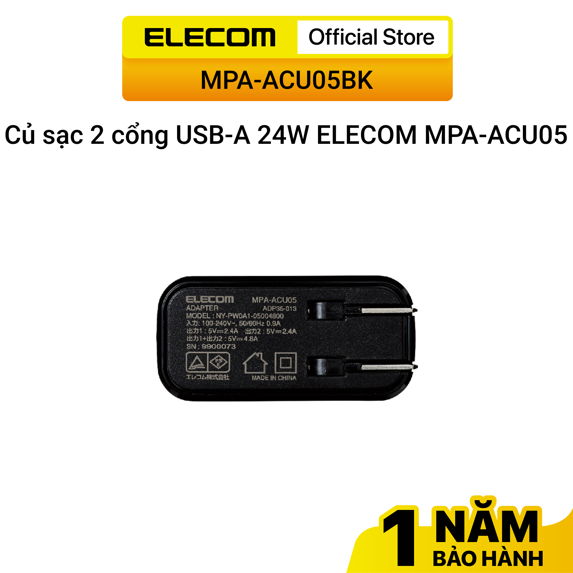 Củ sạc 2 cổng USB-A 24W ELECOM MPA-ACU05 - Hàng Chính Hãng