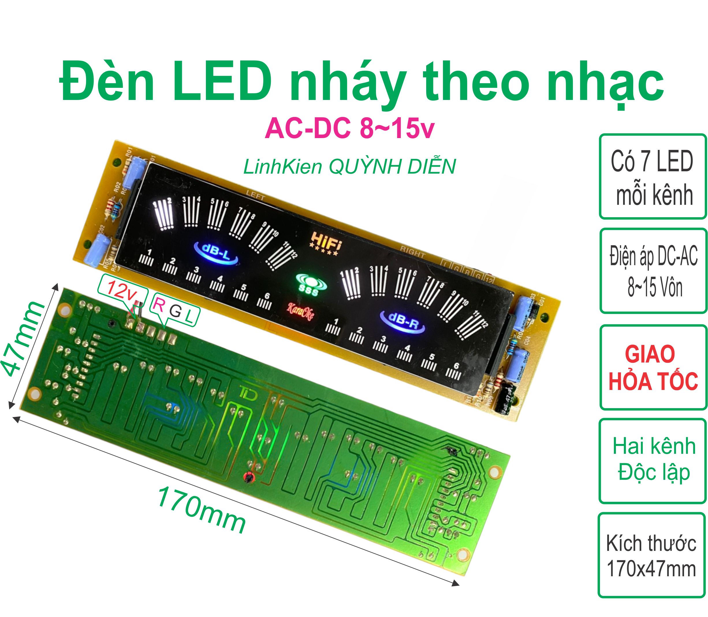 Đèn led nháy theo nhạc 2 kênh, mặt nhựa, dùng cho amply - Linh Kiện QUỲNH DIỄN
