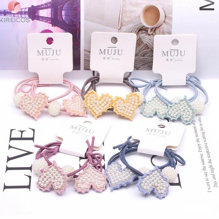 Set 2 Dây Cột Tóc Trái Tim Đính Hạt Nhiều Màu