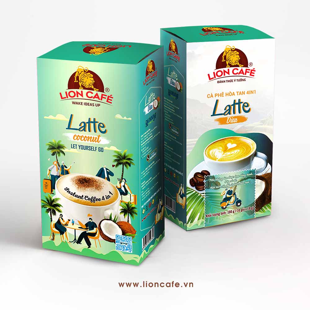 LION CAFE - Cà phê hòa tan 4in1 - Latte Dừa - Hộp 180g (10 gói x 18g)