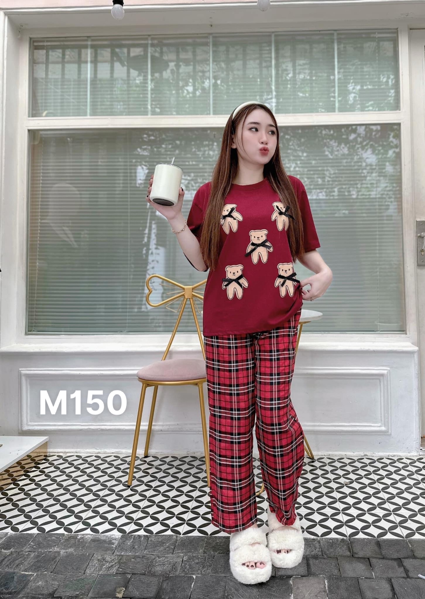 Set bộ thun nữ in gấu quần dài caro vải kate lụa M150