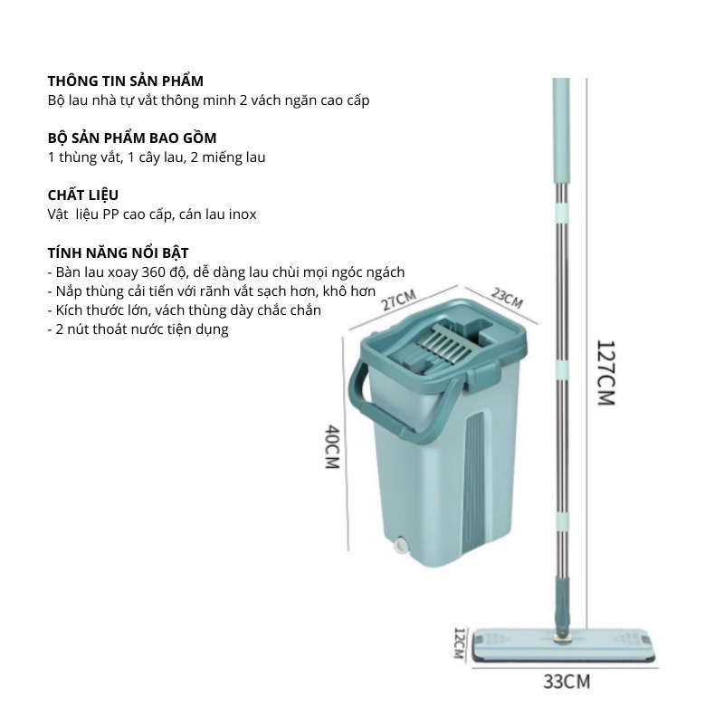 Bộ Lau Nhà 360 Độ 4 In 1 Tự Vắt Thông Minh Đa Năng Xoay 2 Vách Ngăn Cao Cấp
