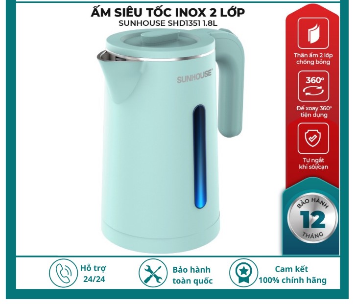 Ấm siêu tốc. Bình đun siêu tốc cao cấp inox 2 lớp 1.8L